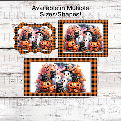 Halloween Ghost Wreath Sign - Black Cats - Spooky Bats - Buffalo Plaid