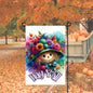 A beautiful Autumn Garden Flag with an adorable Scarecrow and Fall flowers with a Hay Yall message