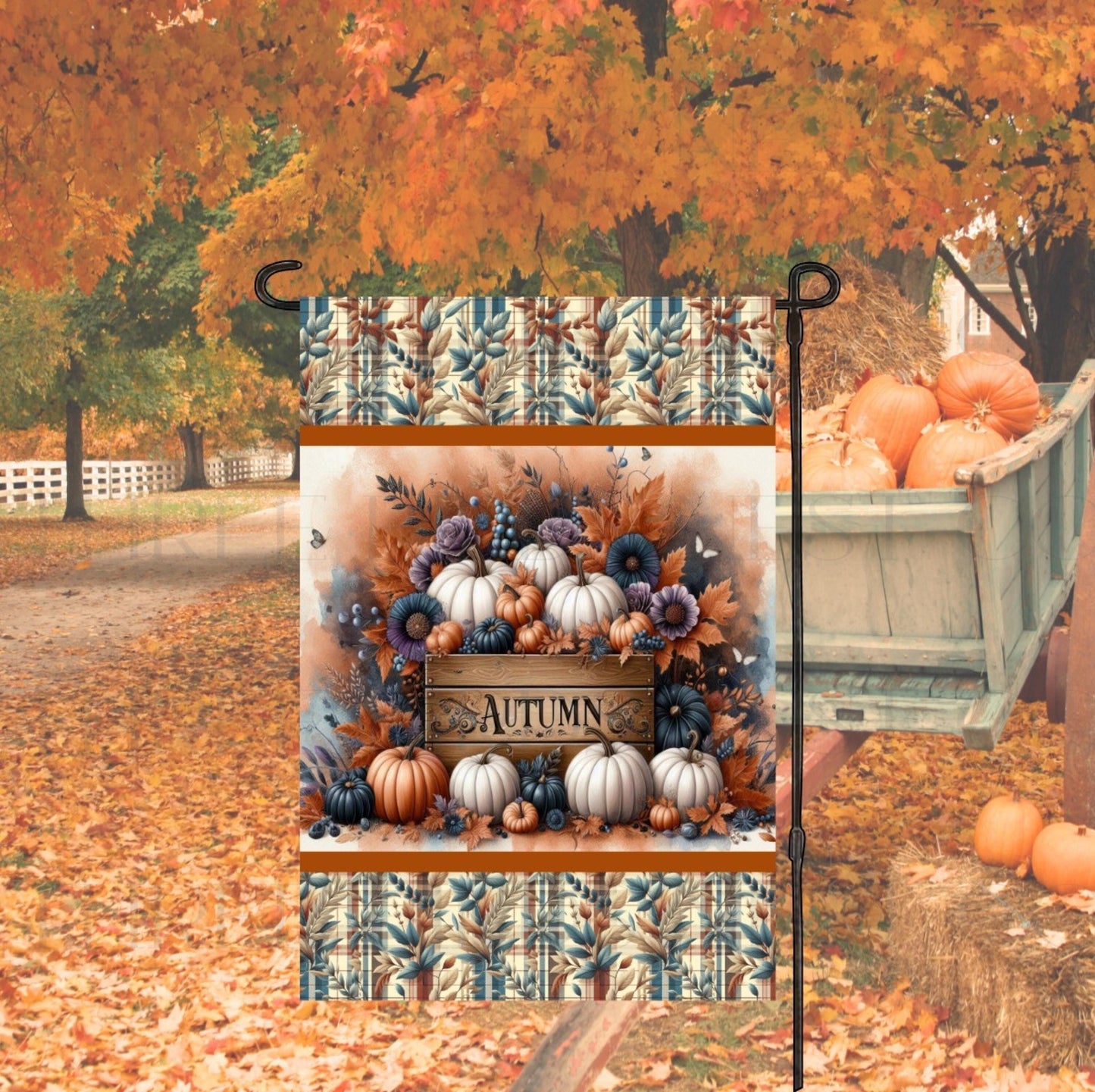 A beautiful Autumn Garden Flag with a colorful display of pumpkins and flowers.