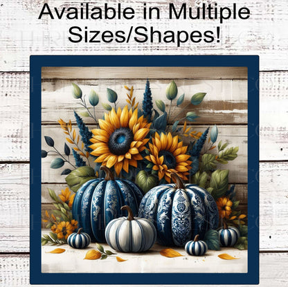 Fall Wreath Sign - Chinoiserie Pumpkins - Sunflowers - Autumn Leaves