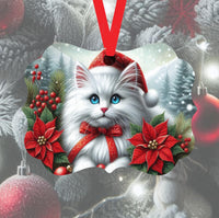 
              An ornament with a beautiful fluffy white Cat with Poinsettias in a Winter setting
            