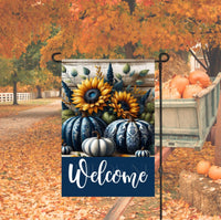 
              A beautiful Welcome Garden Flag with white and navy blue chinoiserie-pumpkins and golden sunflowers.
            