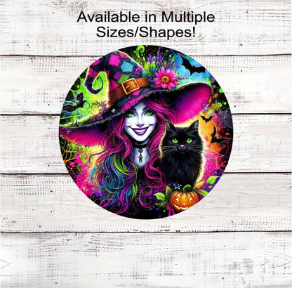 A beautiful Halloween Witch with her Black Cat in neon colors