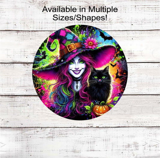 A beautiful Halloween Witch with her Black Cat in neon colors