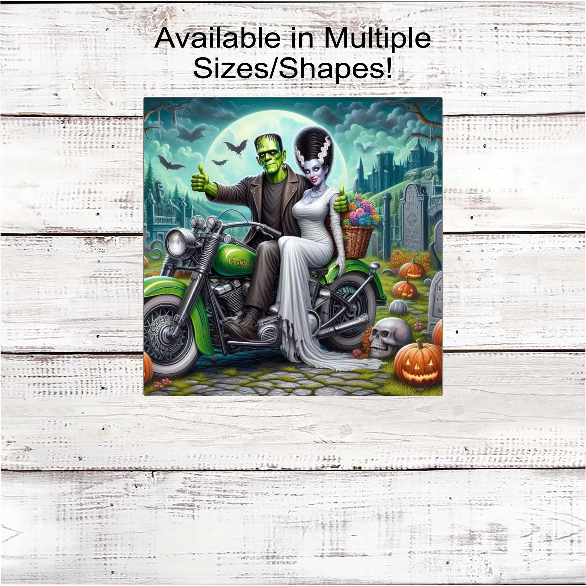 Halloween Wreath Sign - Monster of Frankenstein - Bride of Frankenstein - Motorcycle Biker - Spooky Graveyard