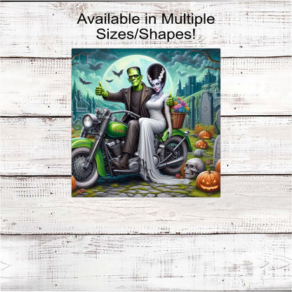 Halloween Wreath Sign - Monster of Frankenstein - Bride of Frankenstein - Motorcycle Biker - Spooky Graveyard