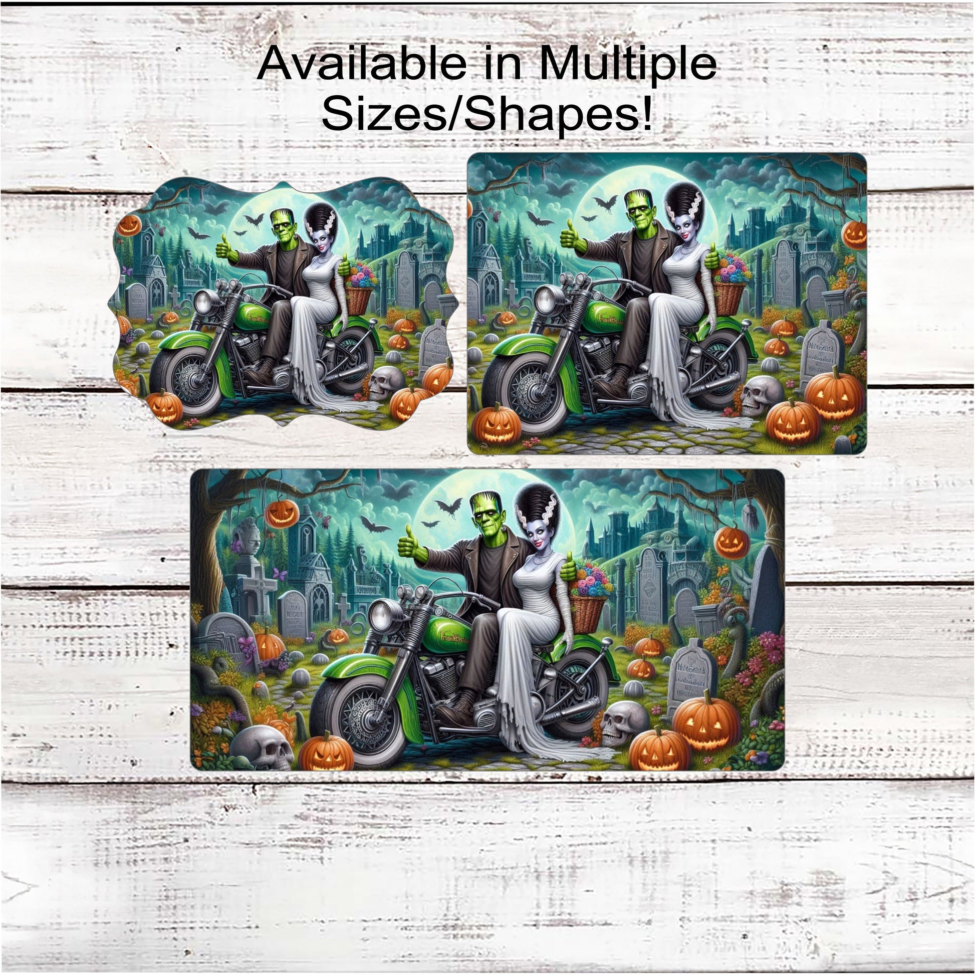 Halloween Wreath Sign - Monster of Frankenstein - Bride of Frankenstein - Motorcycle Biker - Spooky Graveyard