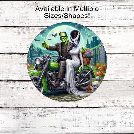 A cute Halloween illustration with the Monster of Frankenstein and his bride on their motorcycle.