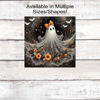 Halloween Ghost Wreath Sign - Fall Flowers - Halloween Florals