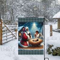 
              A beautiful double-sided Garden Flag featuring an African American Santa Claus praying over the baby Jesus.
            