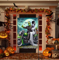 
              A perfect Halloween Garden Flag featuring the Monster of Frankenstein and his Bride riding their motorcycle through aa graveyard.
            