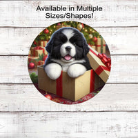 An adorable Landseer Newfoundland puppy in a Christmas gift box.