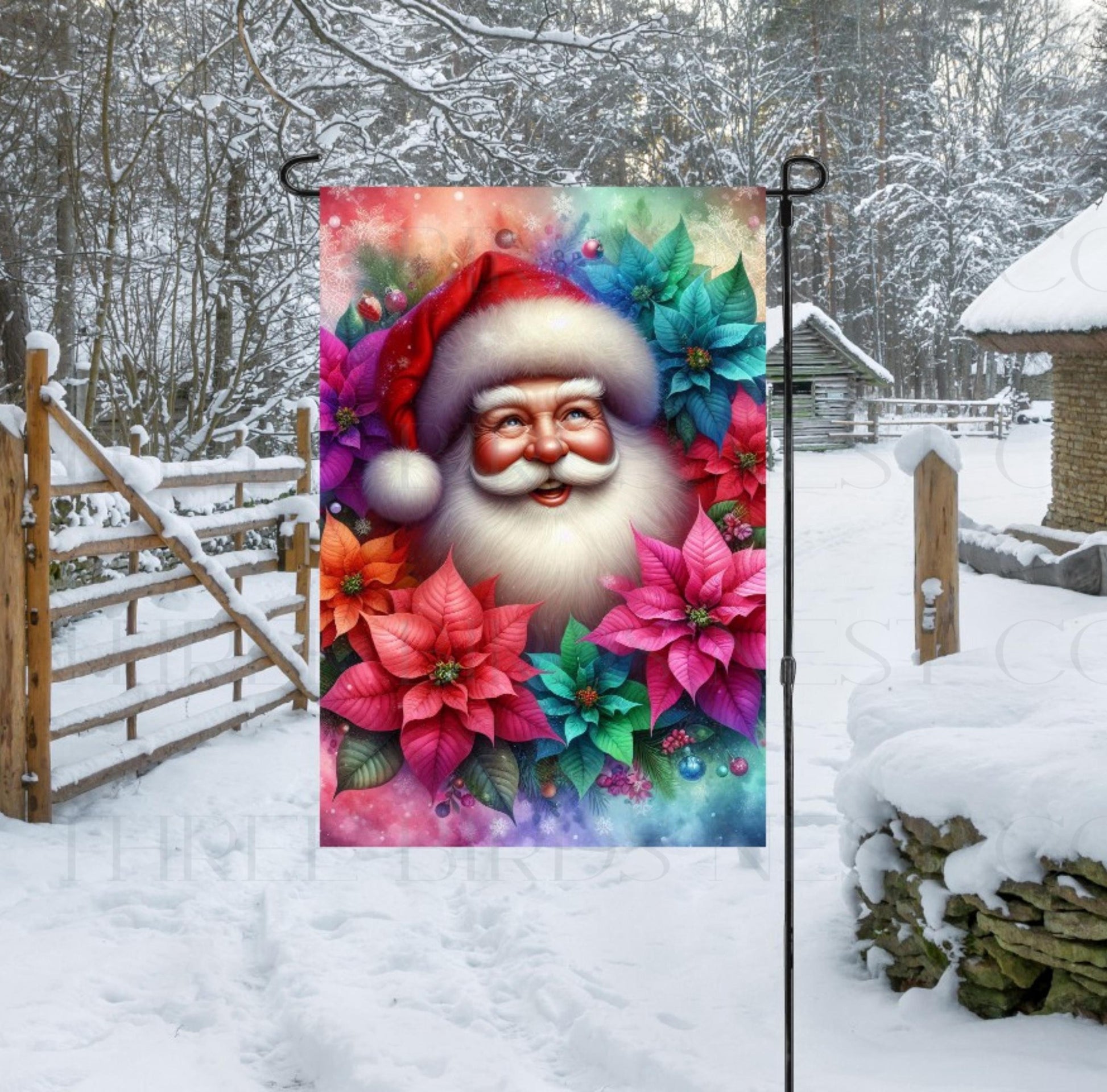 Santa Claus surrounded by beautiful bright poinsettias.