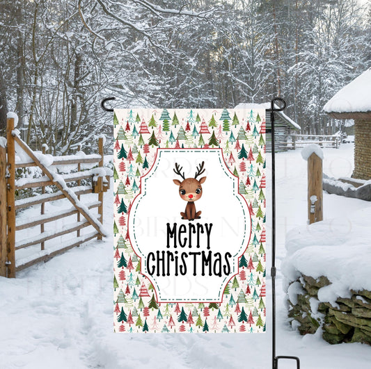 An adorable Reindeer with abstract Christmas trees.