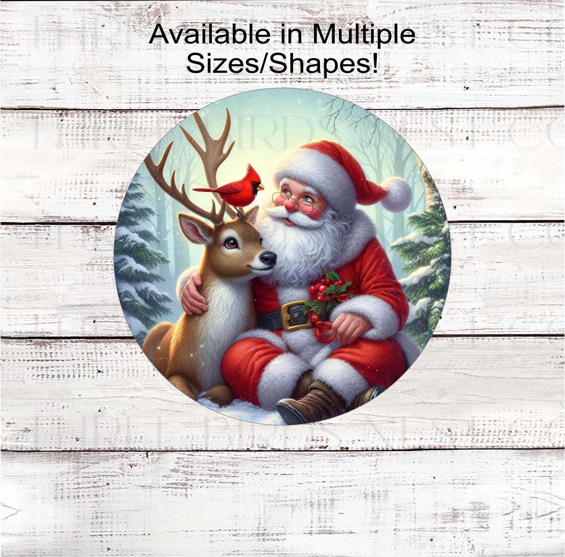 Santa Claus with his reindeer and cardinal bird friends.