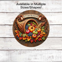 
              A beautiful Fall Wreath Sign featuring a Cornucopia of fruits and vegetables with sunflowers and leaves.
            