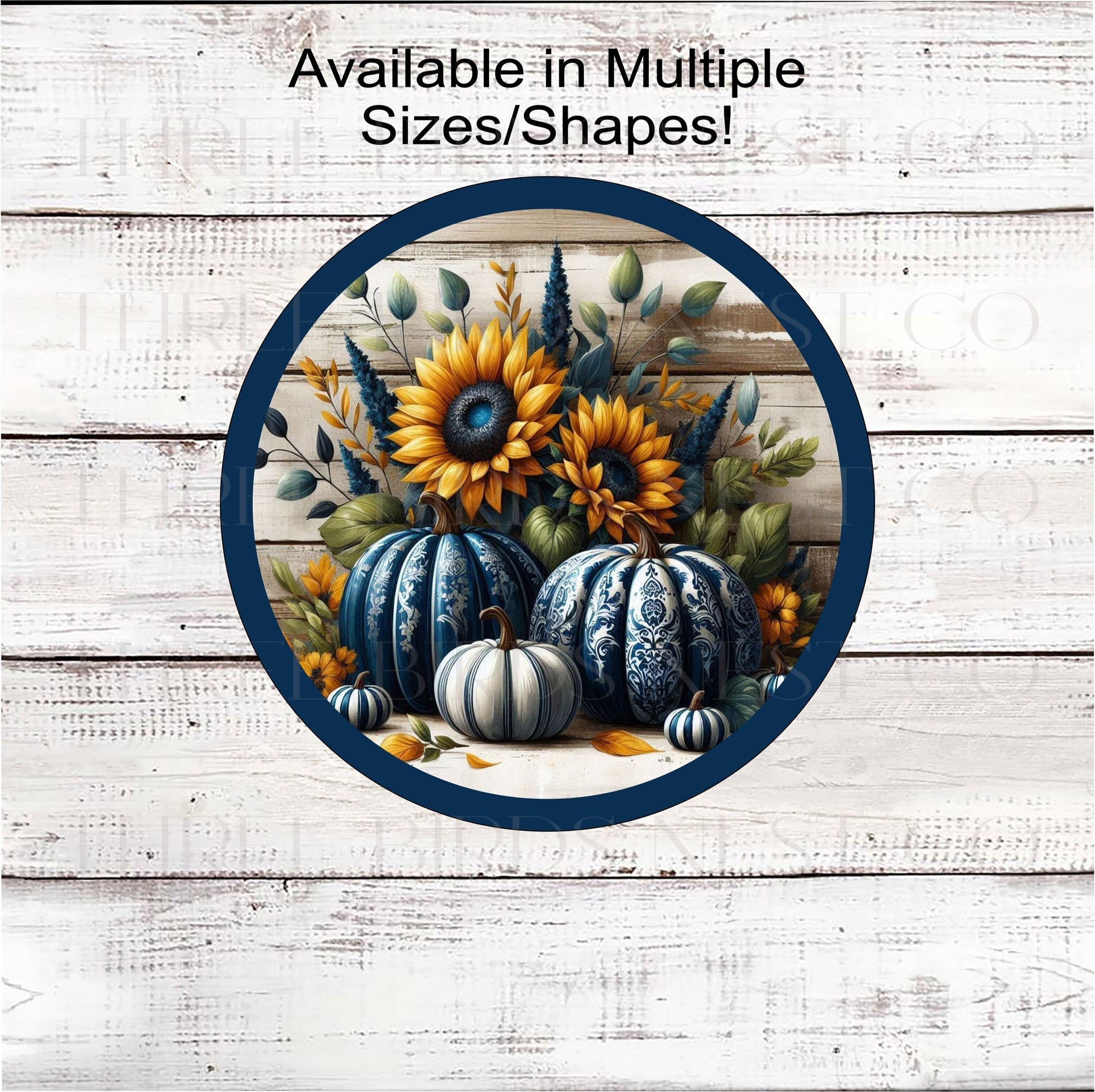 An adorable Fall Wreath Sign featuring navy blue and golden yellow Chinoiserie Pumpkins with sunflowers and leaves.