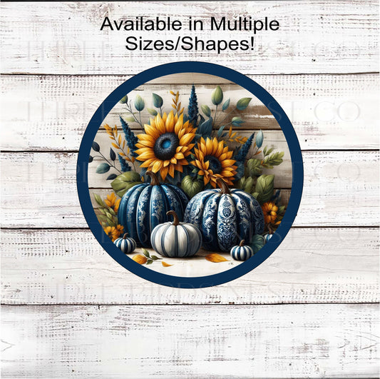 An adorable Fall Wreath Sign featuring navy blue and golden yellow Chinoiserie Pumpkins with sunflowers and leaves.