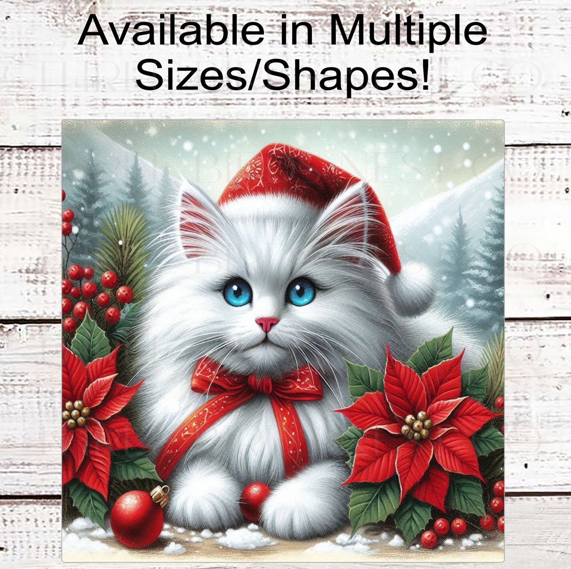 Himalayan Winter Cat Wreath Sign, Christmas Cat, Holly Sign, Poinsettias Decor