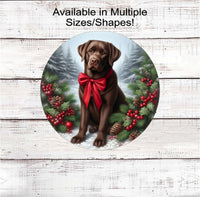 
              A chocolate Labrador Retriever with in festive Winter setting and a red bow around his neck.
            