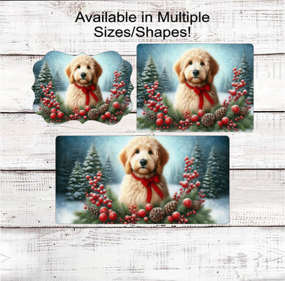 Golden Doodle Dog Christmas Wreath Signs - Winter Welcome Sign - Dog Wreath Signs