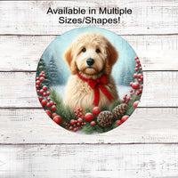 A Golden Doodle dog with in festive Winter setting and a red bow around his neck.