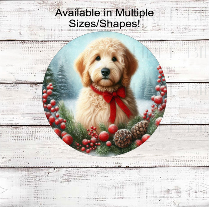 A Golden Doodle dog with in festive Winter setting and a red bow around his neck.