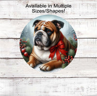 
              A tan and white English Bulldog with in festive Winter setting and a red bow around his neck.
            