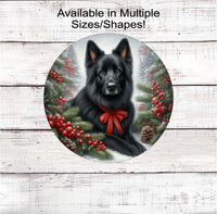 
              A black German Shepherd dog in festive Winter setting with a red bow
            