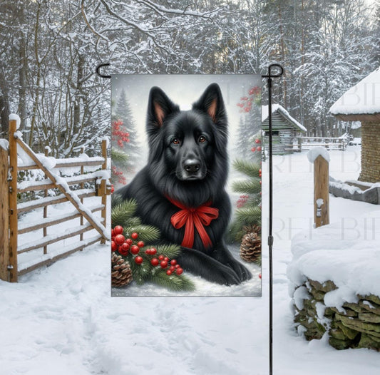 A black German Shepherd in a Winter setting with a red bow on