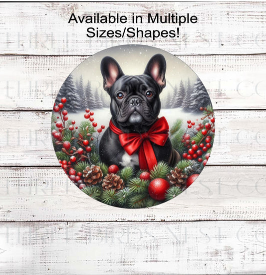 A beautiful black French Bulldog wearing a red bow in a Winter setting