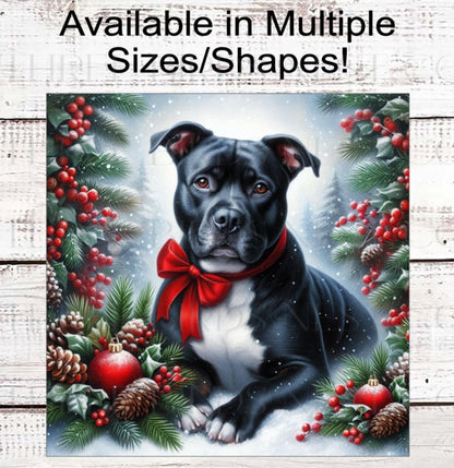 Staffordshire Terrier Dog Christmas Wreath Signs - Pit Bull Lover - Winter Welcome Sign - Dog Wreath Signs