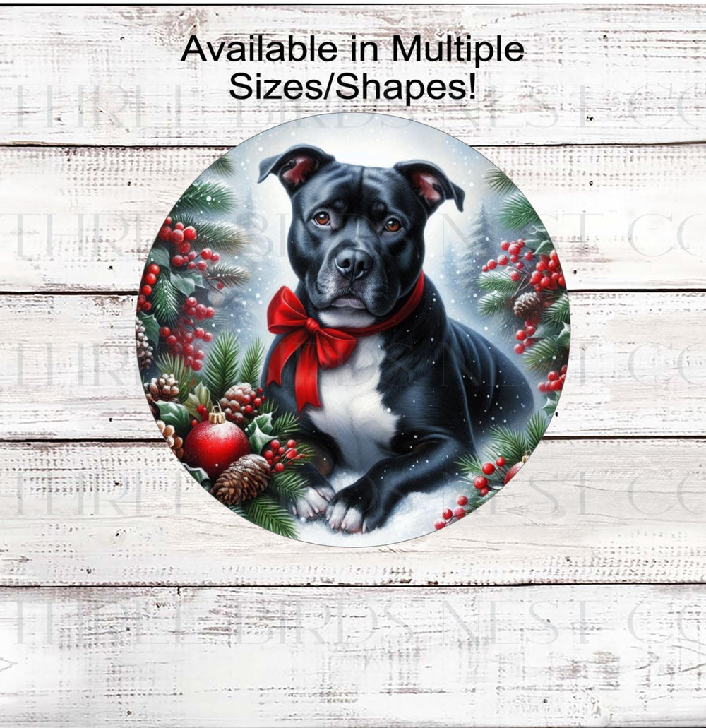 A beautiful black and white Staffordshire Terrier, Pit Bull dog wearing a red bow in a Winter setting