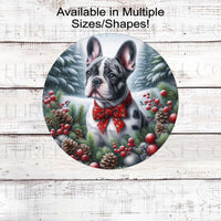 A beautiful merle French Bulldog wearing a red bow in a Winter setting