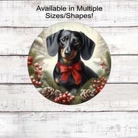 A beautiful black and tan Dachshund dog wearing a red bow in a Winter setting