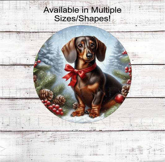 A beautiful brown and tan Dachshund dog wearing a red bow in a Winter setting
