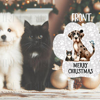 An adorable personalized ornament with a dog, cat and bird and their names on the back.