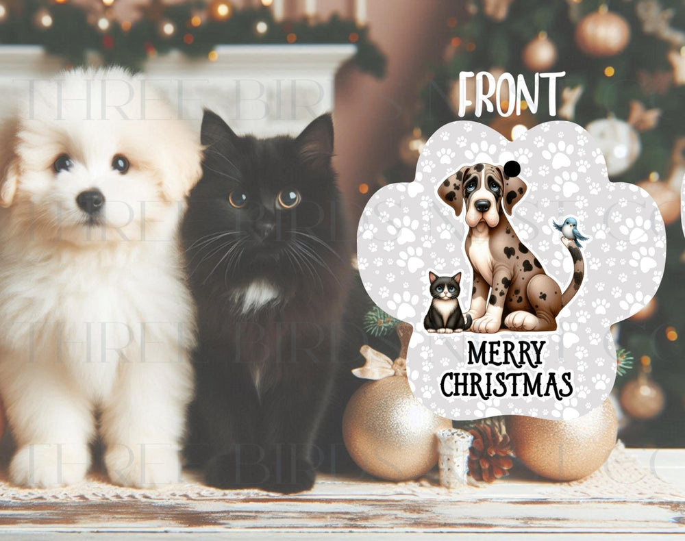 An adorable personalized ornament with a dog, cat and bird and their names on the back.