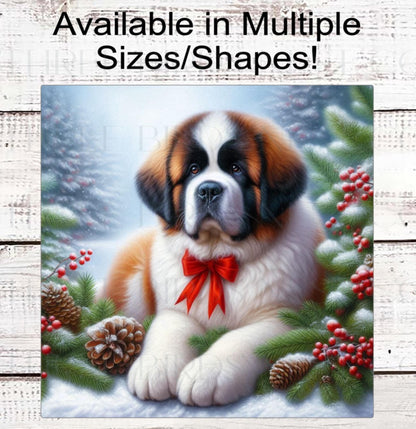 Saint Bernard Dog Christmas Wreath Signs - Winter Welcome Sign - Dog Wreath Signs