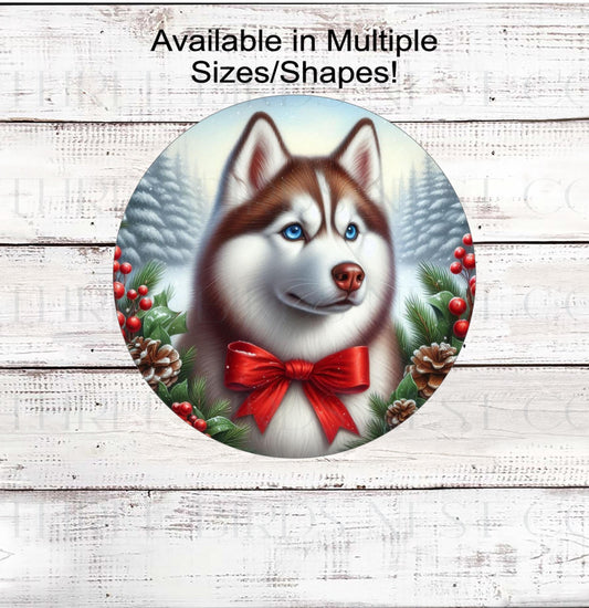 A beautiful Siberian Husky dog wearing a red bow in a Winter setting.