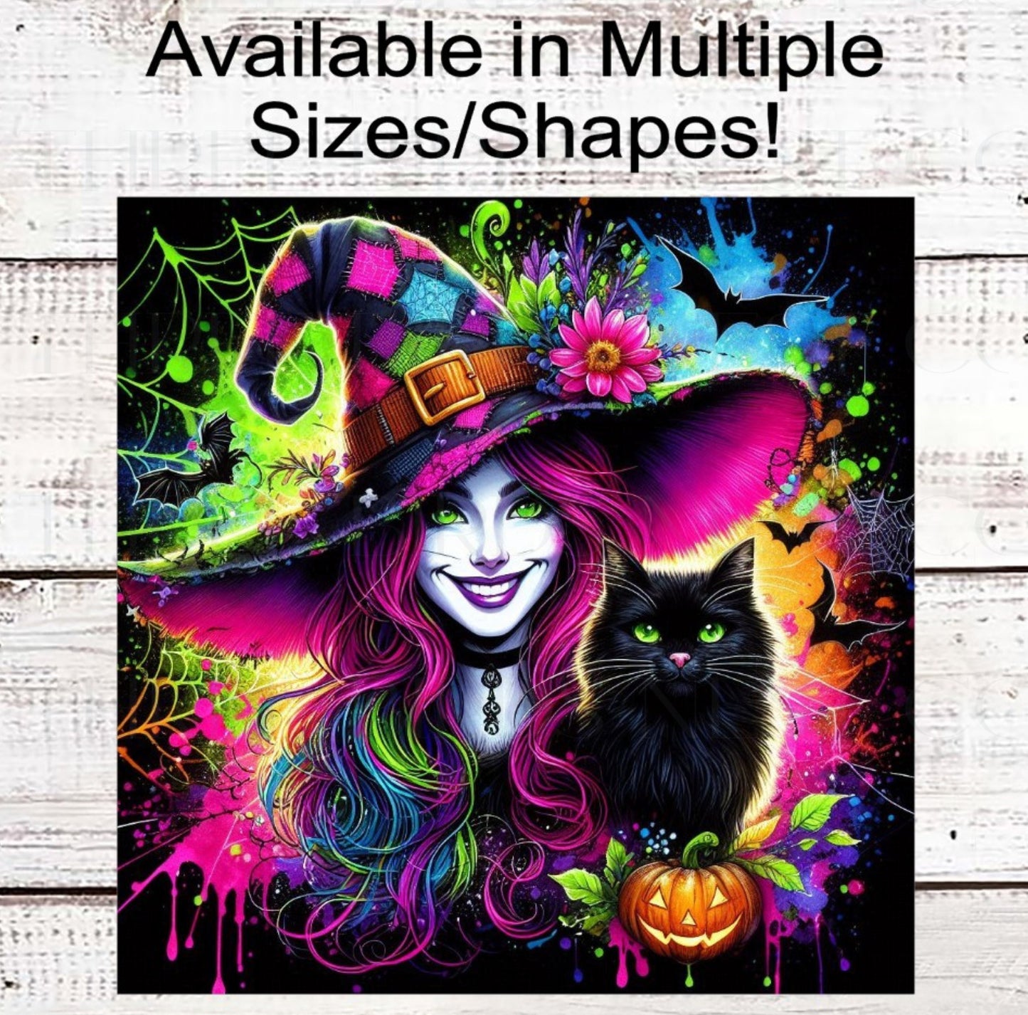 Halloween Witch Wreath Sign, Black Cat, Faux Neon Sign, Jack O Lantern
