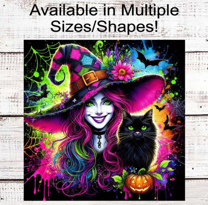 Halloween Witch Wreath Sign, Black Cat, Faux Neon Sign, Jack O Lantern