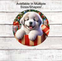 
              An adorable Great Pyrenees puppy in a Christmas gift box.
            