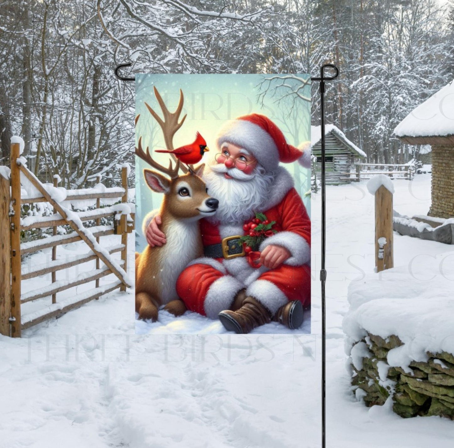 Santa Claus with his reindeer and cardinal bird friends.