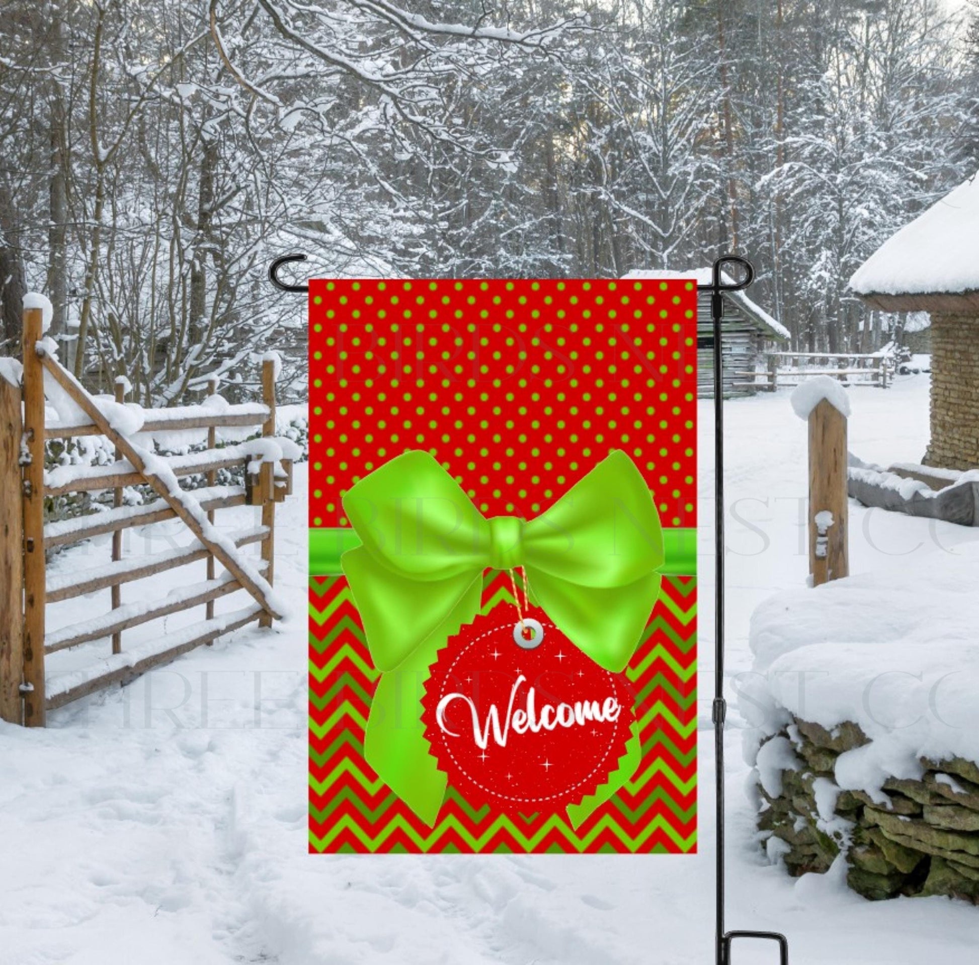 A bright red and lime green Welcome Christmas package.