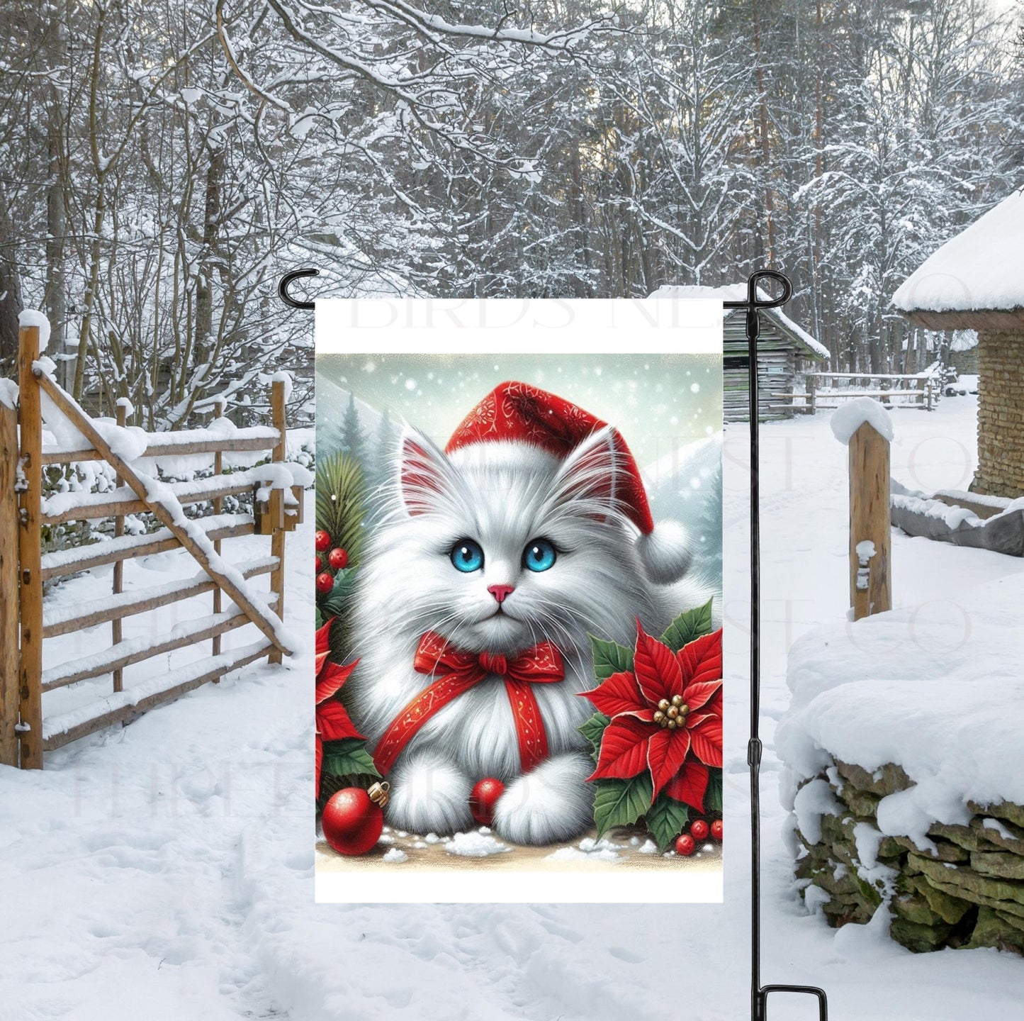 A beautiful fluffy white Cat with Poinsettias in a Winter setting