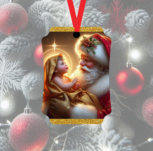 A beautiful Christmas Ornament featuring Santa Claus holding the baby Jesus