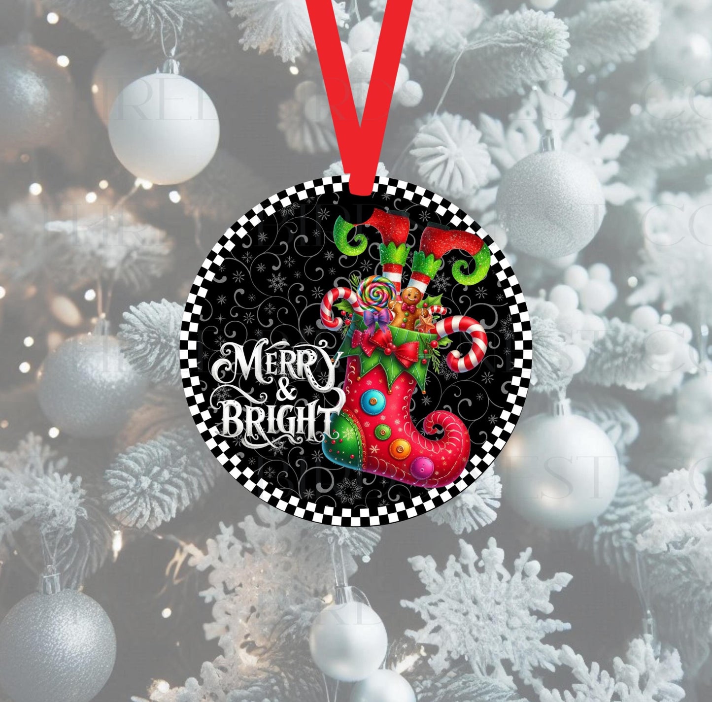 An adorable Christmas Ornament with Elf legs in a stocking with a Merry and Bright message.