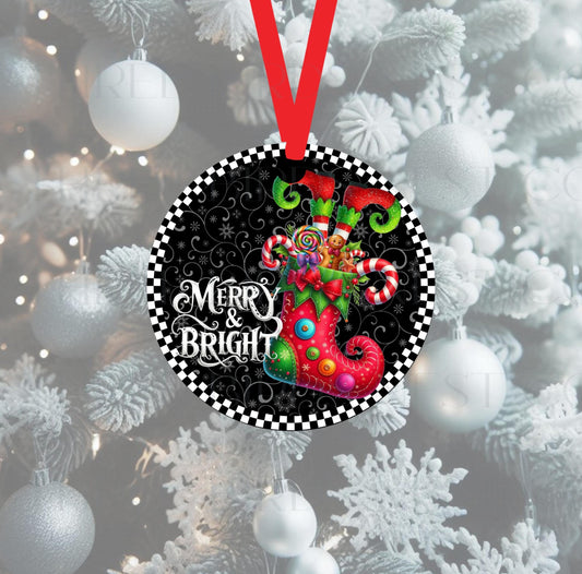 An adorable Christmas Ornament with Elf legs in a stocking with a Merry and Bright message.