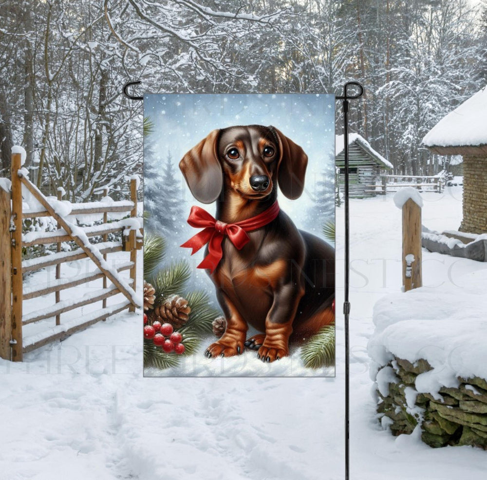 An adorable brown Dachshund dog in a snowy Winter setting wearing a red bow.